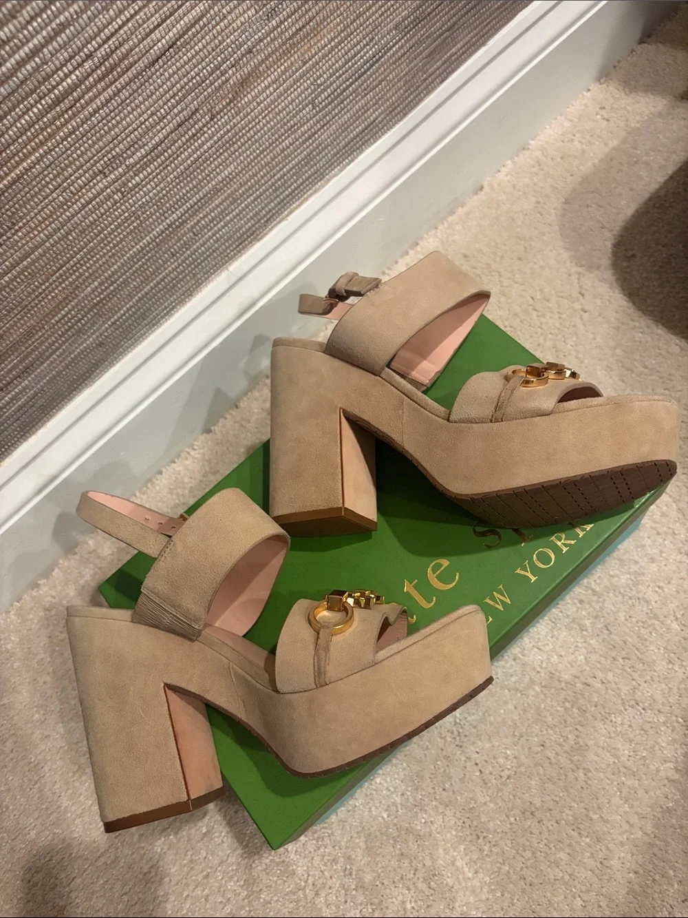 kate spade Beige Suede Platform Sandals with Gold Chain Detail